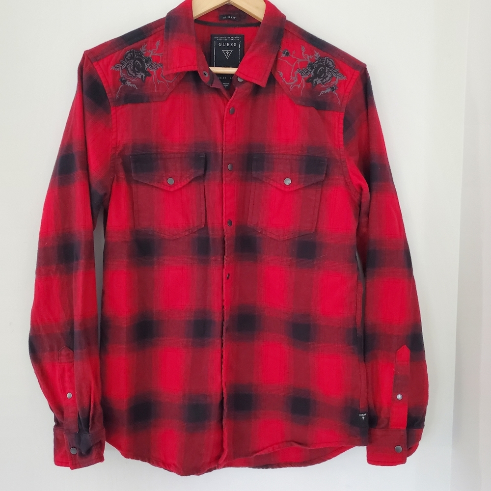 Western GUESS Red Black Plaid Snap Up Shirt S Rose Embroidery Cowgirl Boho Ranch